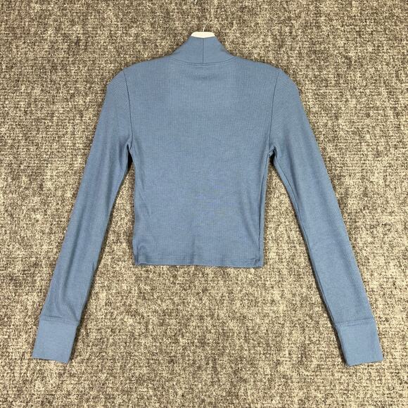 American Eagle Shirt Womens Small Blue Waffle Knit Cropped Long Sleeve Mock Neck - Picture 2 of 8